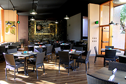 Tables prepared for dining in the Ocotillo Café